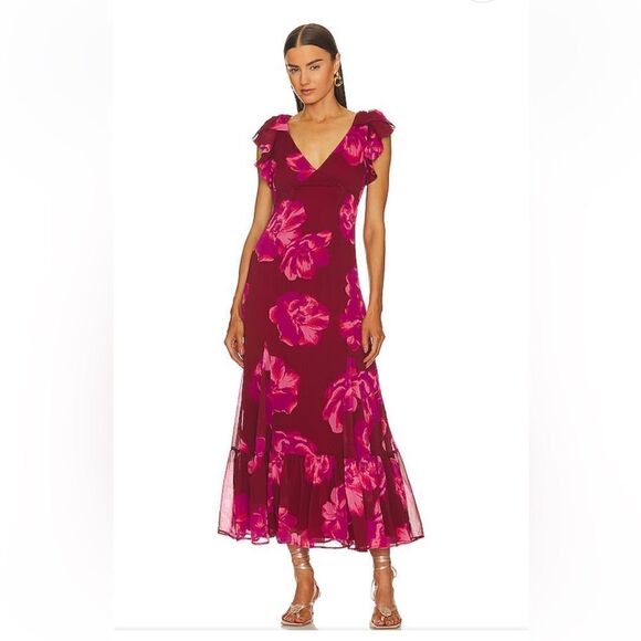 Tularosa Althea Maxi Dress in Pink Magnolia Floral chiffon maxi ruffle Revolve M - Picture 1 of 12
